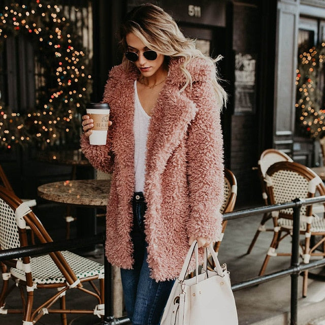 Jocoo Jolee Fluffy Faux Fur Coat Women Thicken Winter Fake Fur Pink Black Coat Female Fashion Streetwear Cardigan Outerwear