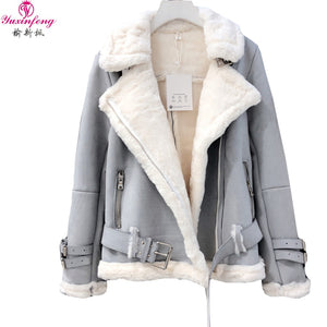 Yuxinfeng Winter Suede Lambs Wool Jacket Female High Streetwear Casual Plus Cashmere Thicken Warm Long Sleeve Fur Suede Coats