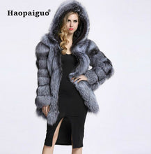 Load image into Gallery viewer, 2018 Winter Luxury Faux Fox Fur Coat With Hooded Women Thick Warm Fluffy Faux Fur Jacket Ladies Coat Black Fur Top 4XL Plus Size