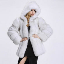 Load image into Gallery viewer, 2018 Winter Luxury Faux Fox Fur Coat With Hooded Women Thick Warm Fluffy Faux Fur Jacket Ladies Coat Black Fur Top 4XL Plus Size