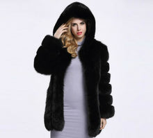 Load image into Gallery viewer, 2018 Winter Luxury Faux Fox Fur Coat With Hooded Women Thick Warm Fluffy Faux Fur Jacket Ladies Coat Black Fur Top 4XL Plus Size