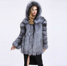 Load image into Gallery viewer, 2018 Winter Luxury Faux Fox Fur Coat With Hooded Women Thick Warm Fluffy Faux Fur Jacket Ladies Coat Black Fur Top 4XL Plus Size