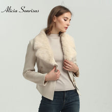 Load image into Gallery viewer, New Winter Faux Shearling Sheepskin Coat Women Suede Jacket 3 Colors Real Rabbit Fur Collar Grey Black Leather Jackets