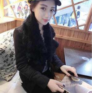 New Winter Faux Shearling Sheepskin Coat Women Suede Jacket 3 Colors Real Rabbit Fur Collar Grey Black Leather Jackets