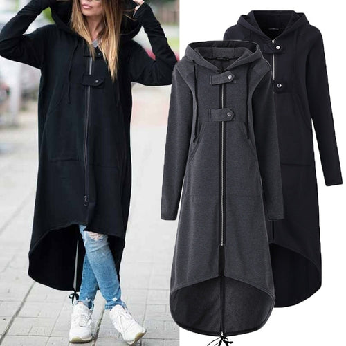 CROPKOP Fashion Long Sleeve Hooded Trench Coat 2018 Autumn Black Zipper Plus Size 5XL Velvet Long Coat Women Overcoat Clothes